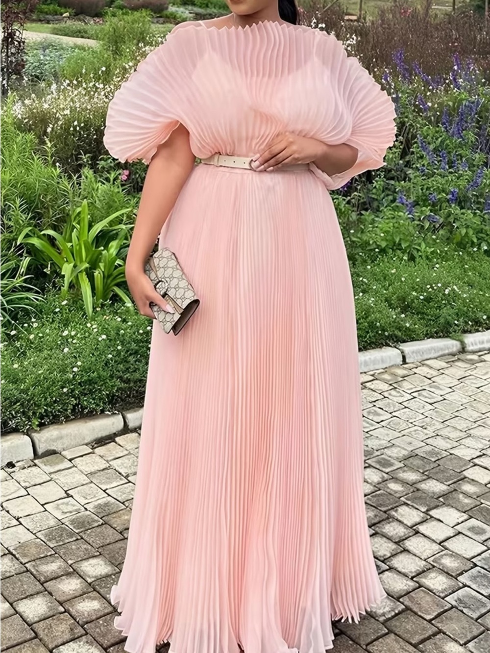Mustard Gold Pleated Batwing Sleeve Maxi Dress | Elegant Statement Gown | One - Picture 5 of 11